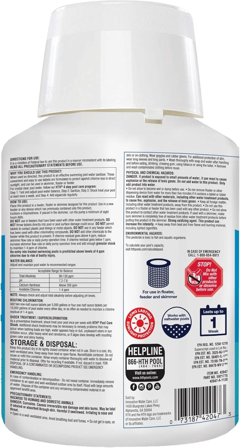 HTH 42047 Pool Care 1" Chlorine Tabs, Swimming Pool Sanitizer with Added Clarifier - Eliminates Bacteria & Algae, Makes Water Clean & Crystal Clear, Sanitizes & Protects - Slow Dissolving, 5 lbs - Image 2